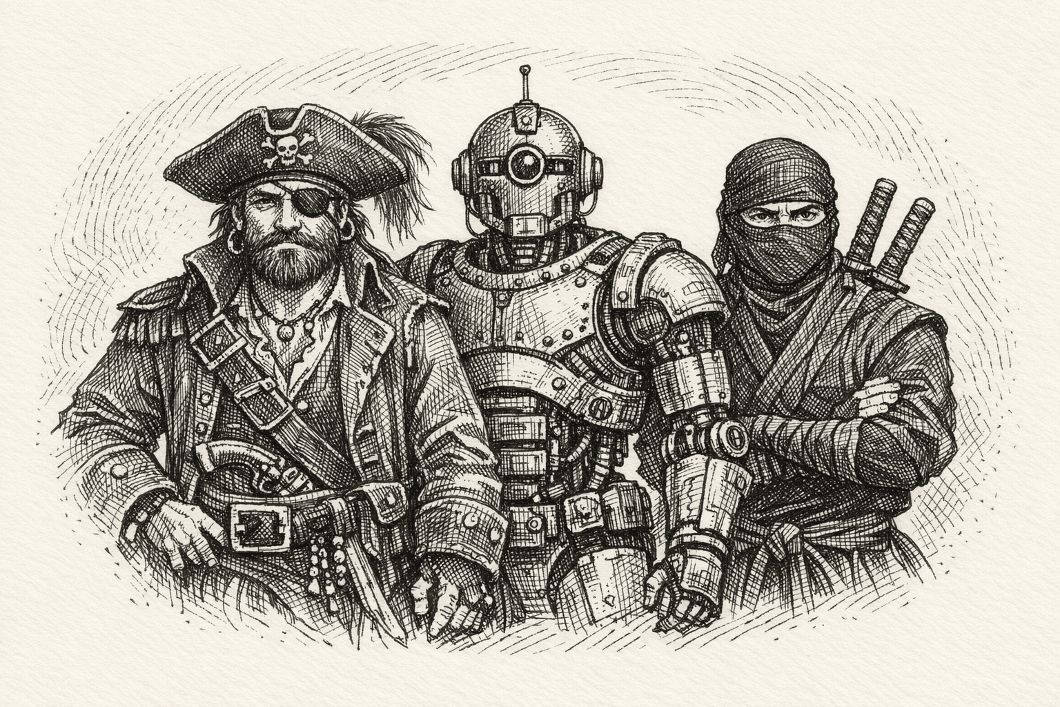 A field notebook sketch of a pirate, a robot, and a ninja.
