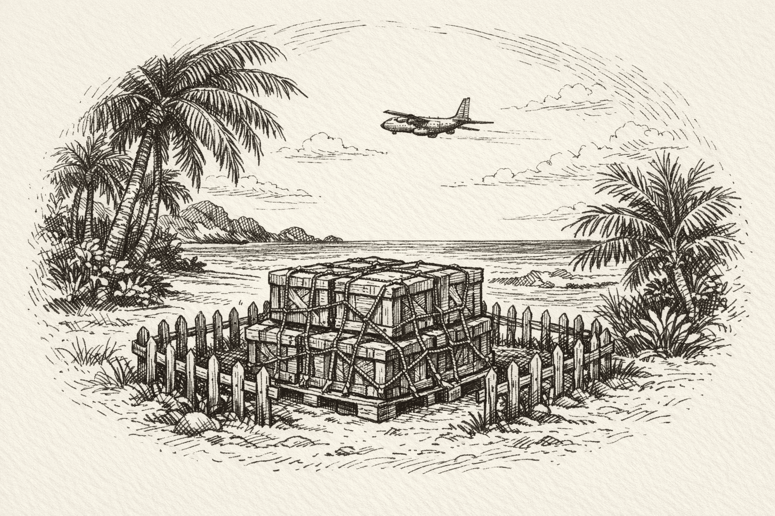 Cargo Cults and Chesterton’s Fence A field sketch of a cargo container and a fence.