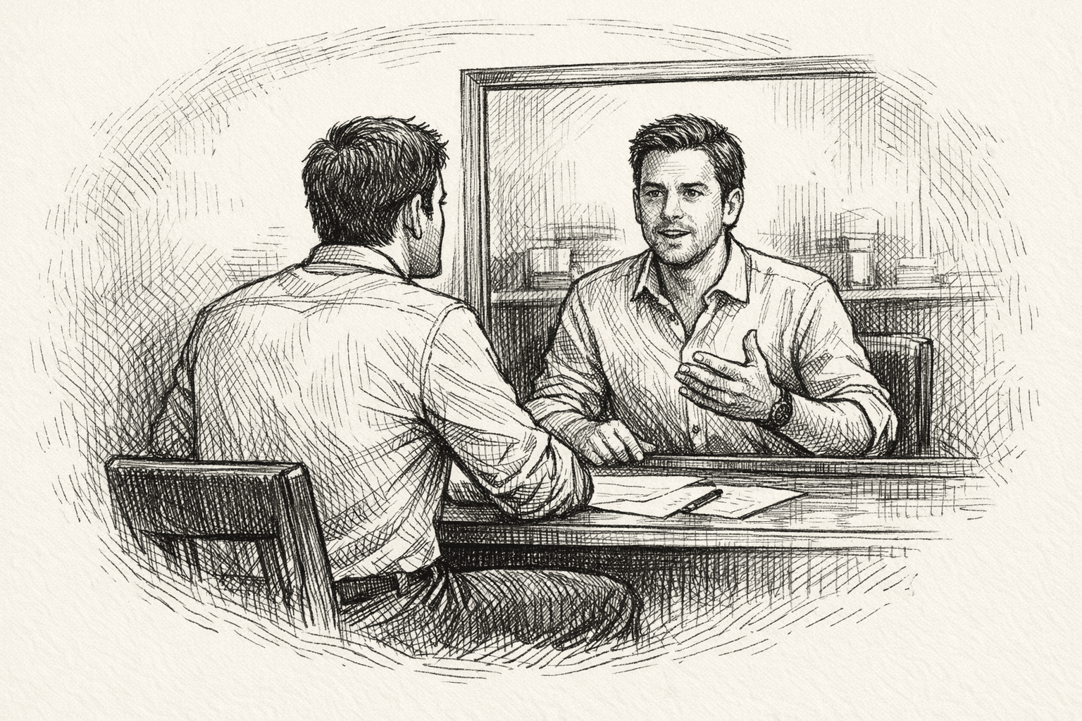 CTO Interviews: A Perspective from a Hiring CTO A field notebook sketch of programmer interviewing themselves in the mirror.