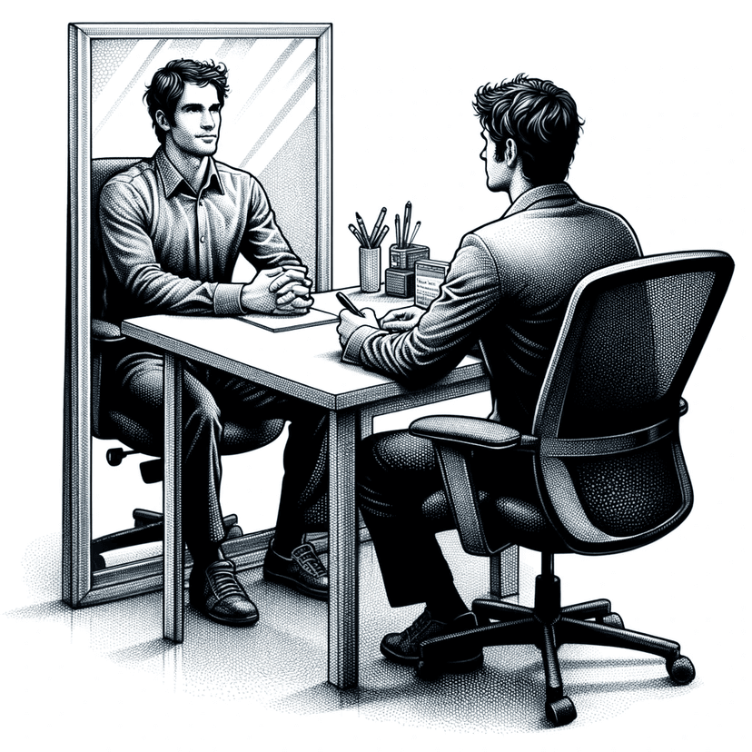 CTO Interviews: A Perspective from a Hiring CTO A field notebook sketch of programmer interviewing themselves in the mirror.