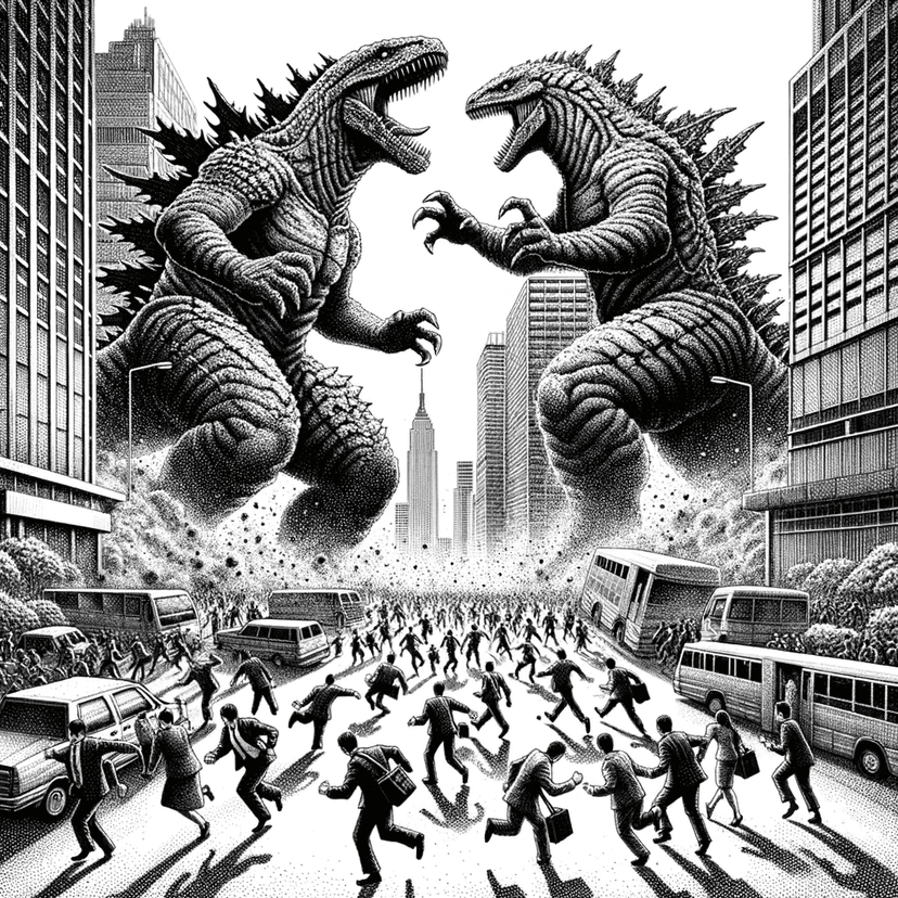 CTO Interviews: A Perspective from a Hiring CTO A field notebook sketch of giant monster kaiju fighting in a city.