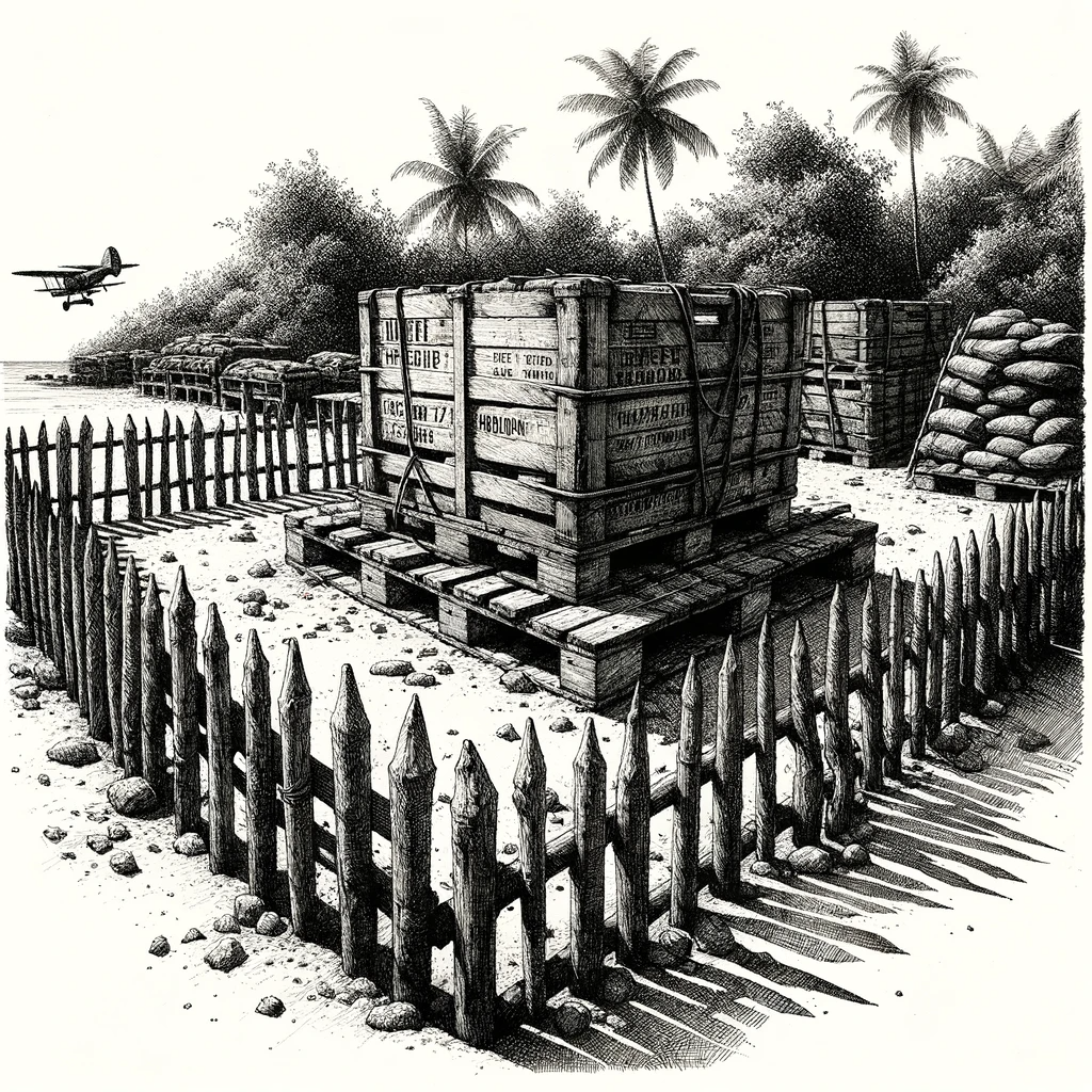 A field sketch of a cargo container and a fence.